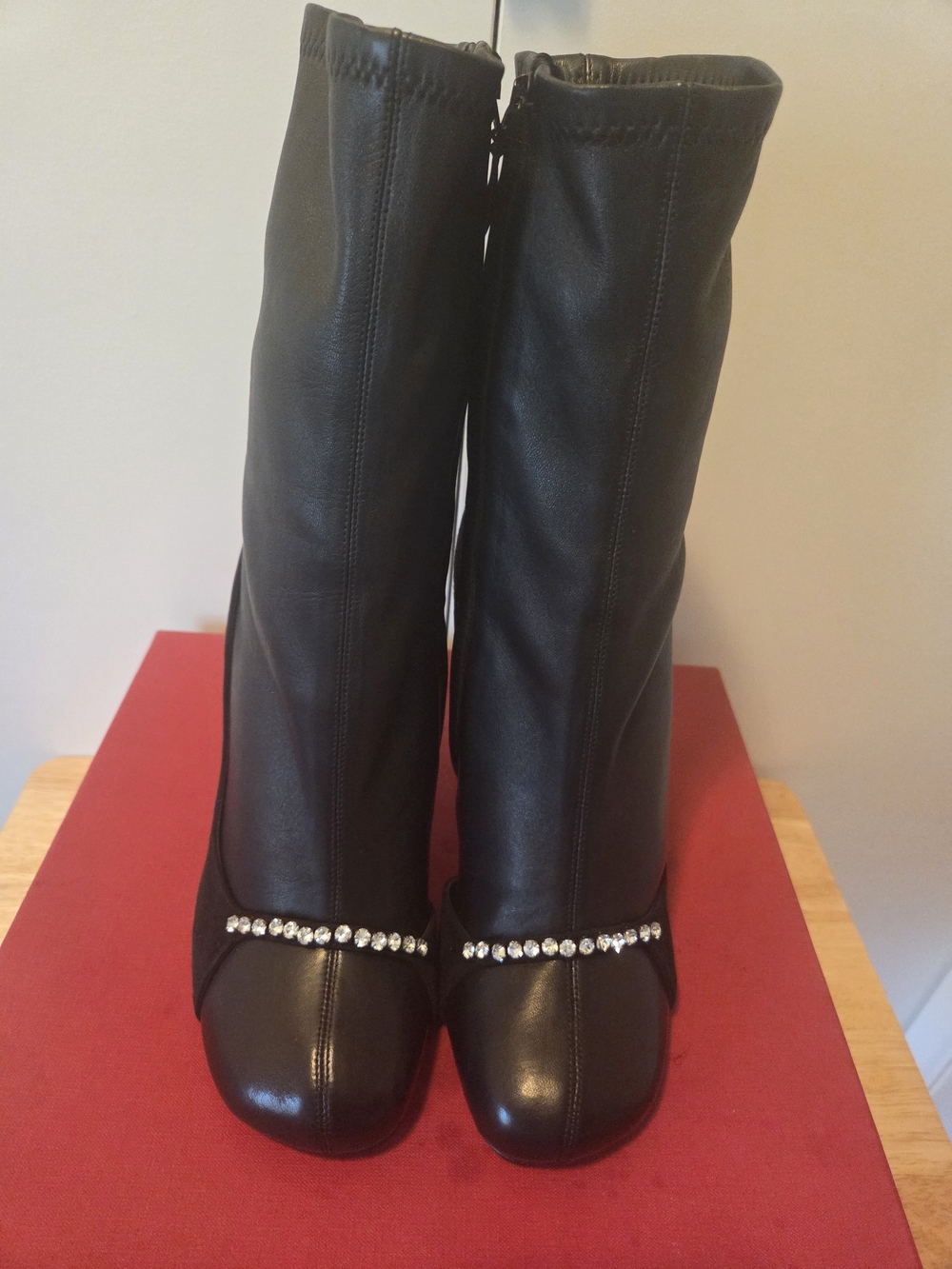 NWT Valentino Black Mid-Calf Leather and Suede Boots with Rhinestone Strap Sz 40